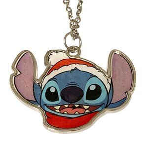 Disney Lilo & Stitch Christmas Necklace Santa Hat Holiday Silver Tone 18" Chain